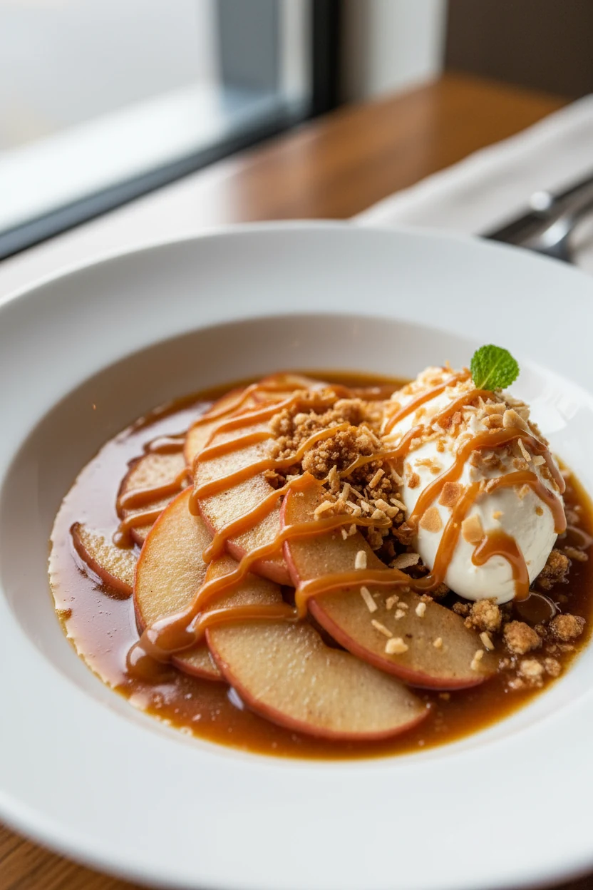 Beautifully plated apple crisp in a white bowl: tender 1/4-inch apples in glossy cinnamon-vanilla sauce, salted caramel 