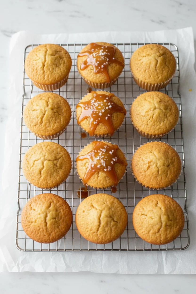 3. Overhead shot of 12 freshly baked vanilla cupcakes cooling on a wire rack with parchment liners—uniform, picture-perf