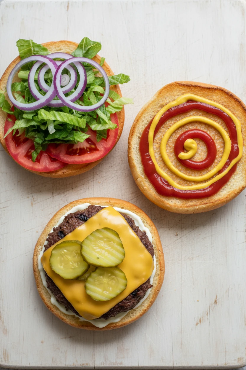 Overhead: open-faced build—golden butter-toasted brioche halves, bottom bun spread with mayo, patty topped with cheddar,