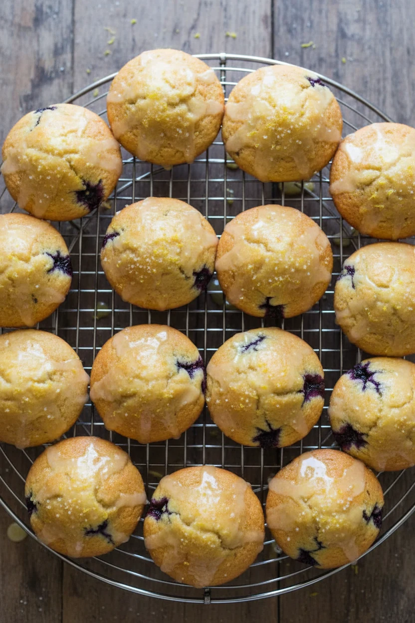 Overhead shot of blueberry lemon muffins with glossy lemon glaze drizzle and lemon zest confetti, golden tall domes with