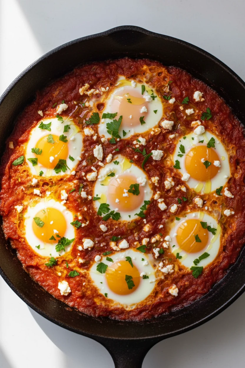 Overhead shot of 10-minute skillet shakshuka: runny-yolk eggs nestled in paprika–tomato sauce, crumbled feta, parsley, a