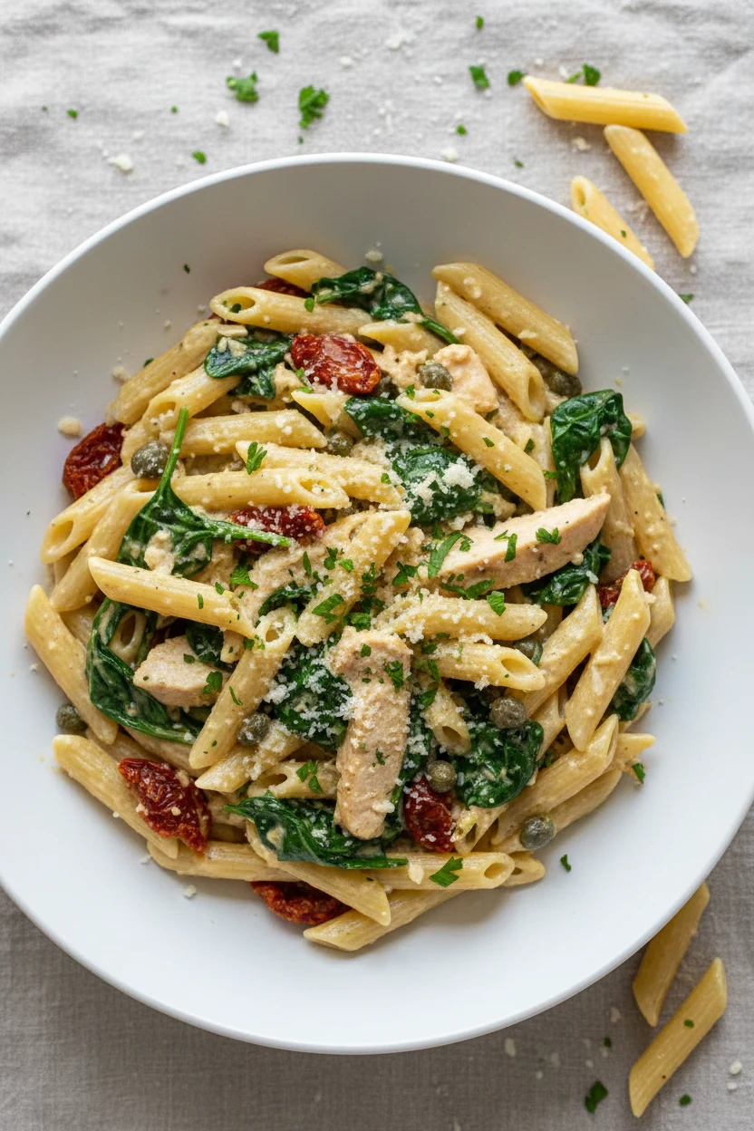 Tasty top view: Tuscan chicken penne with wilted spinach, sun‑dried tomatoes, and capers in creamy sauce, finished with 