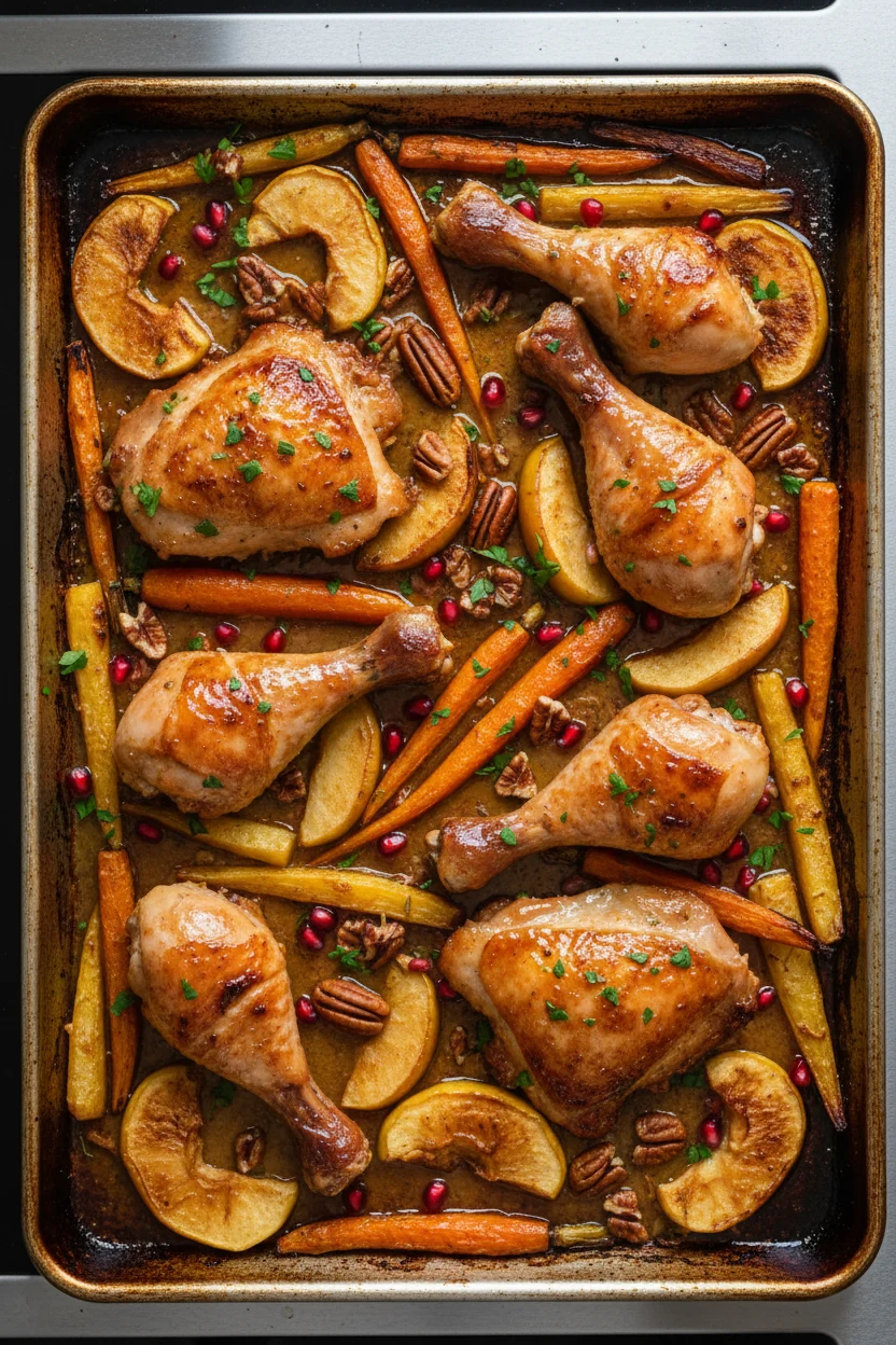 Top-down final: creamy garlic chicken with zoodles and wilted spinach in stainless skillet; Parmesan shavings, lemon wed
