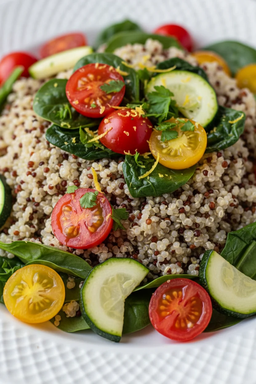 Close-up detail: Fluffy quinoa with wilted baby spinach, halved cherry tomatoes, and zucchini half-moons; lemon zest and