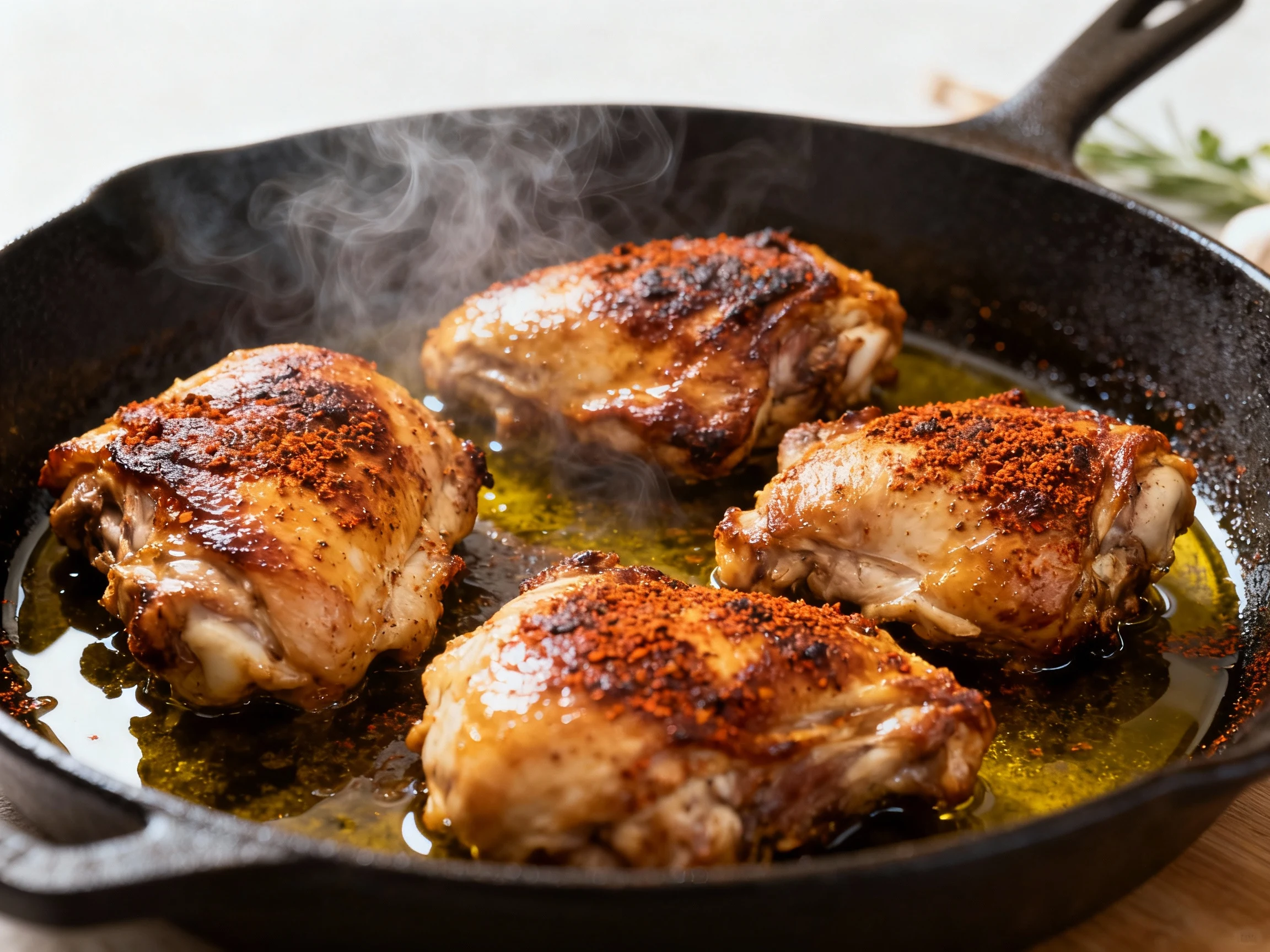 Food photography, 3. Cooking process: chicken thighs sizzling in a cast-iron skillet, deeply browned with a smoky paprik