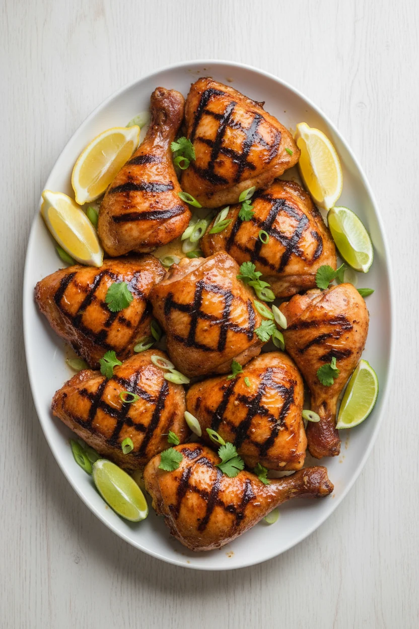Overhead shot of a platter with indirect-finished boneless thighs and drumsticks, glossy from the clean reserved marinad