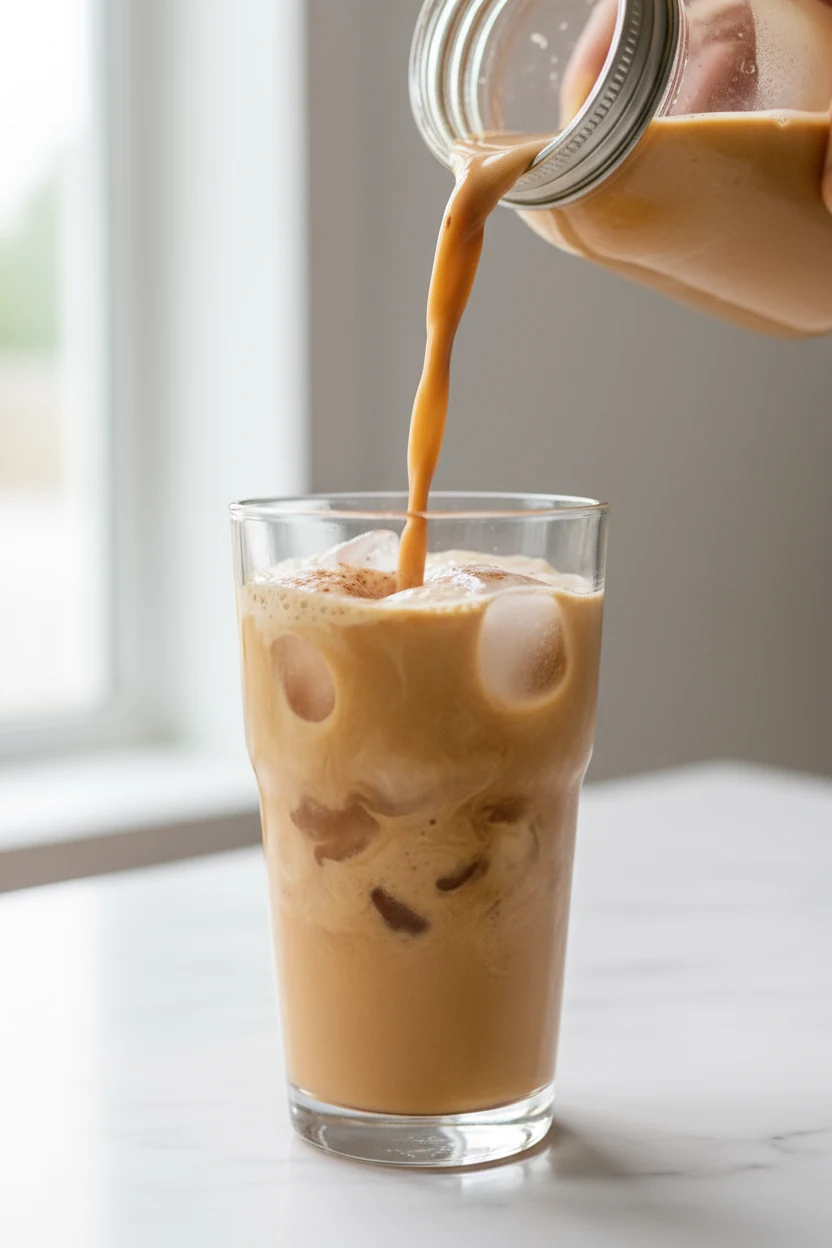3. Cooking process: Brown Sugar Oatmilk Shaken Espresso being poured from a lidded jar into a chilled glass, capturing m