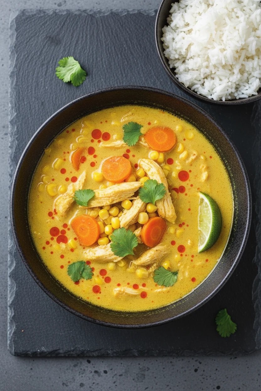 Overhead top view: coconut curry chicken soup—creamy turmeric-gold broth with red curry oil droplets, tender chicken, sw