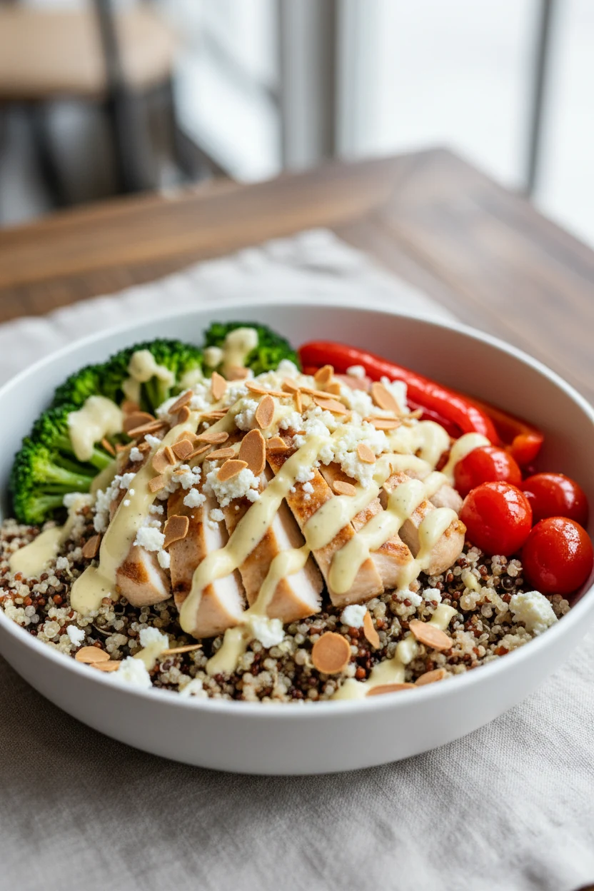 Beautifully plated quinoa-chicken bowl with lemon-herb Greek yogurt sauce drizzled, crumbled feta and toasted almonds, b