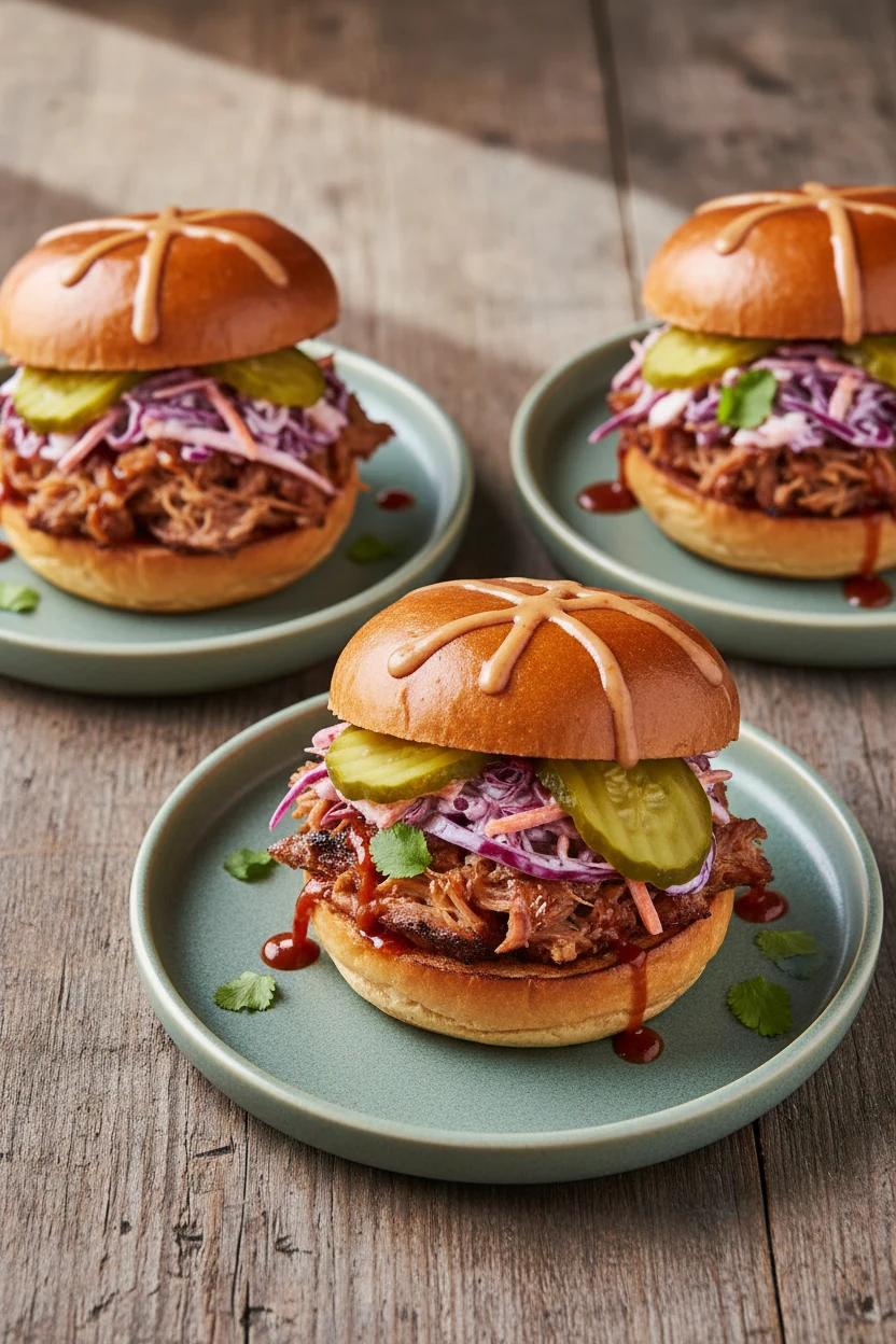 3. Beautifully plated pulled pork sandwiches: toasted buns piled with juicy strands, tangy slaw and dill pickle chips, l