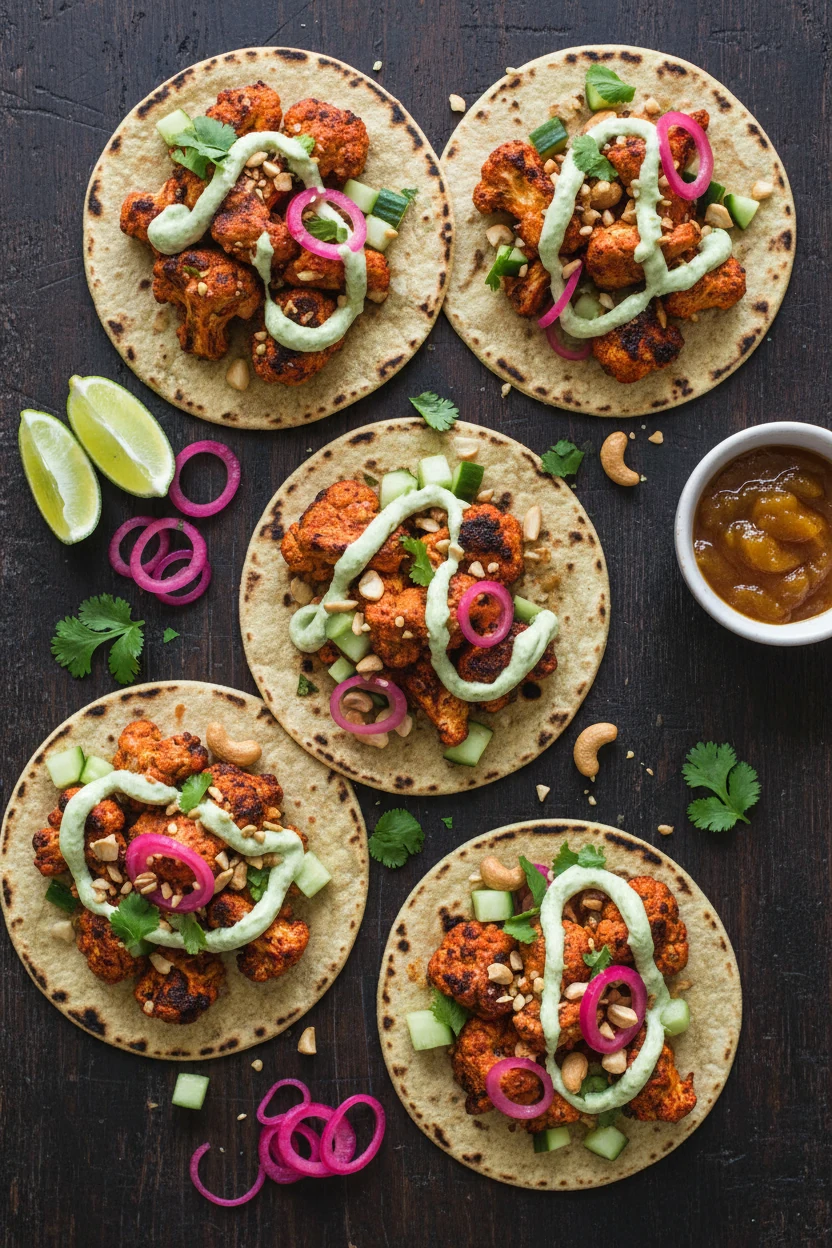 Tasty top view: overhead shot of tandoori cauliflower tacos on charred corn tortillas, drizzled avocado‑lassi crema, qui
