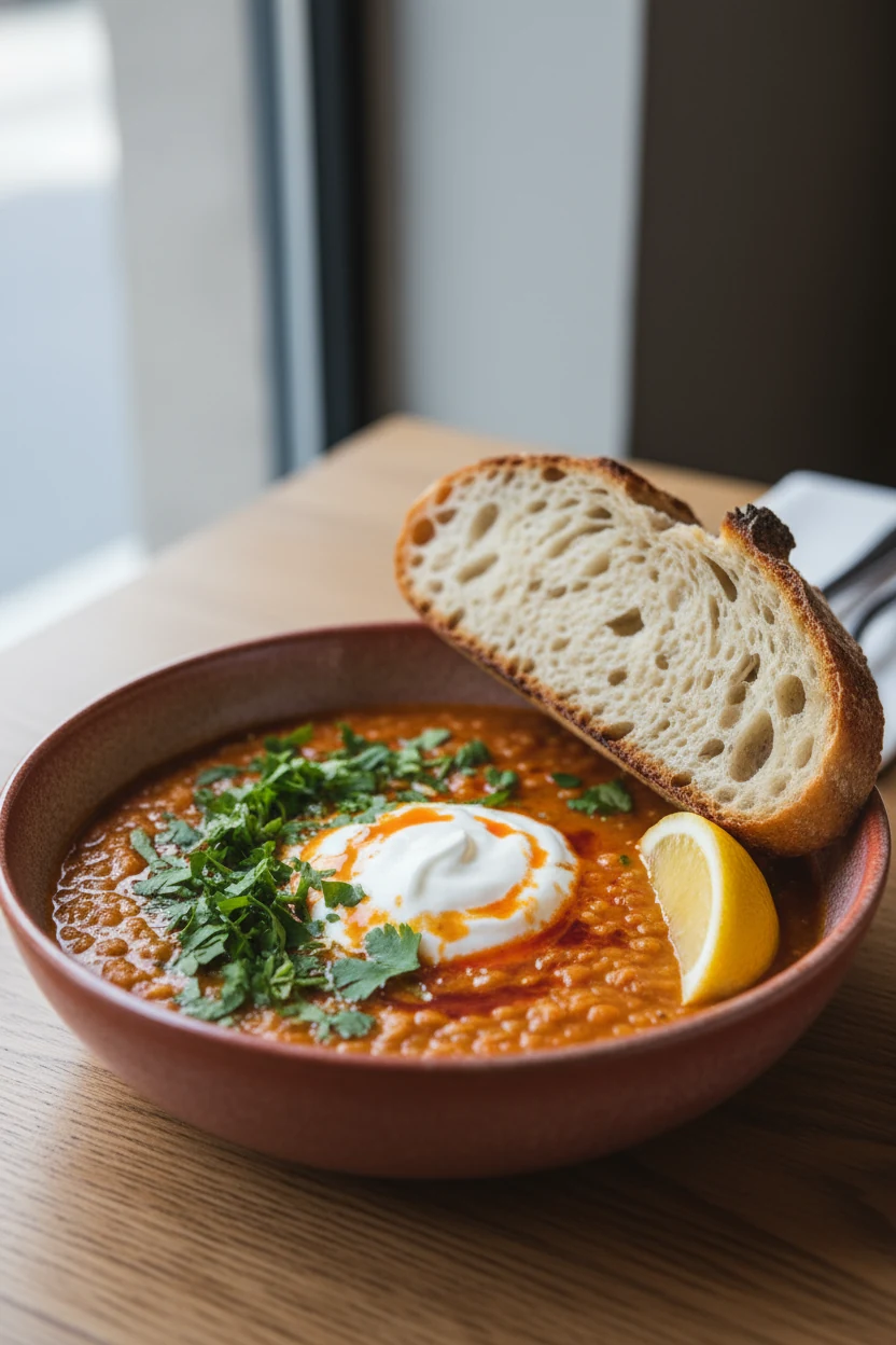 3. Final dish: Beautifully plated red lentil stew in a matte ceramic bowl—dollop of plain yogurt, chili oil drizzle, cho