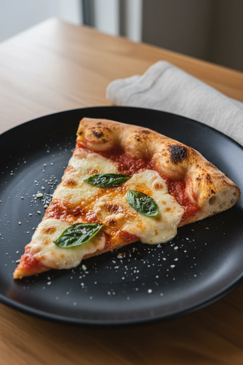 3. Beautifully plated slice of classic red pie on a matte-black plate: thin shatter-crisp crust with a 1-inch puffy rim 