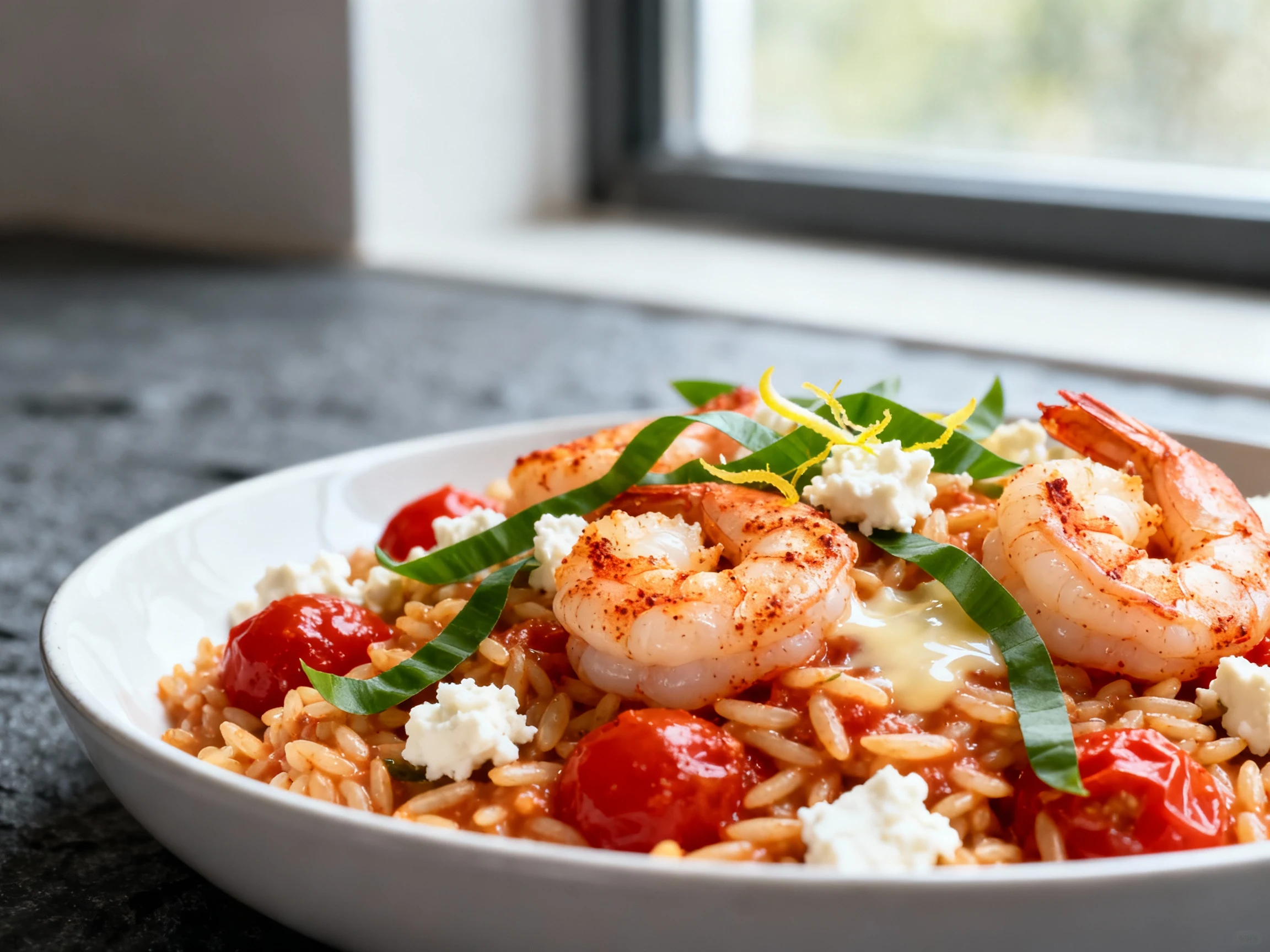 Food photography, Close-up of one-pan tomato basil orzo with shrimp: creamy orzo with burst tomatoes, paprika-dusted shr