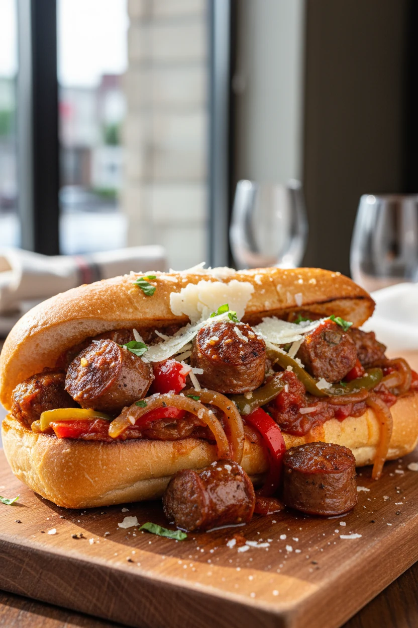Italian sausage and peppers sub, toasted hoagie overflowing with saucy sausage, sweet onions, and peppers, Parmesan shav