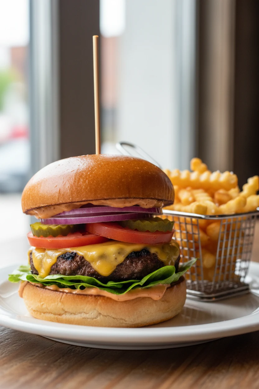 Beautifully plated classic cheeseburger: toasted bun with house sauce on the bottom, lettuce shield, patty with melted s