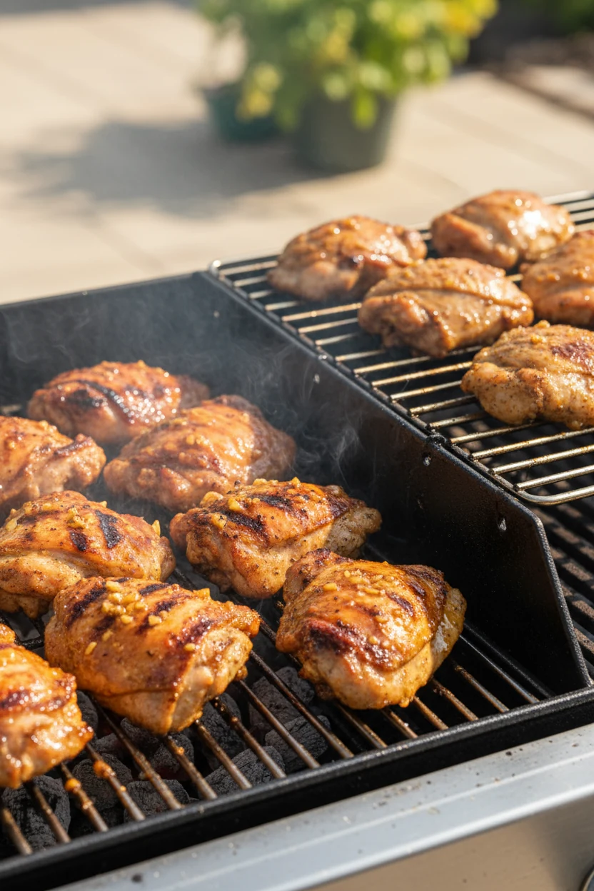 Cooking process: citrus-garlic chicken thighs sizzling over a two-zone grill—hard sear on the 500°F side with caramelize
