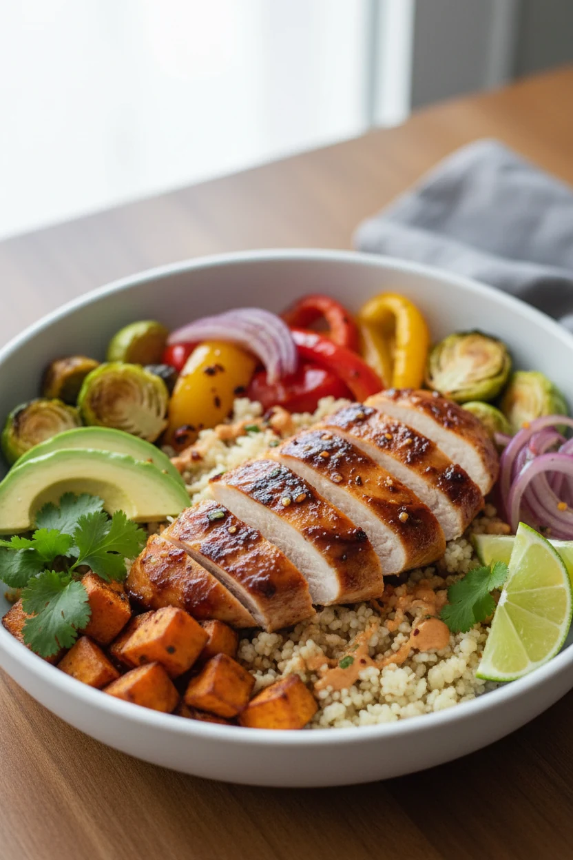 Final dish: Beautifully plated chipotle-lime chicken with sweet potatoes, Brussels sprouts, peppers, and red onion over 