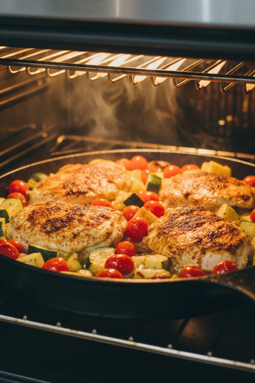 3. Cooking process close-up: broil finish in action for 2–3 minutes, paprika- and cumin-spiced chicken and veggies blist