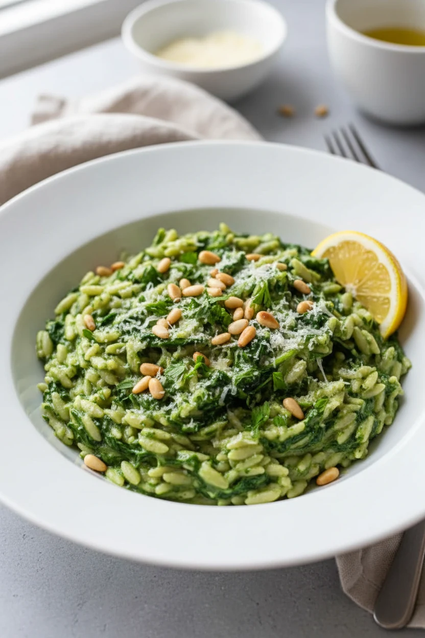 Final plated creamy spinach orzo in a wide-rim white bowl, garnished with chopped parsley, toasted pine nuts, extra Parm