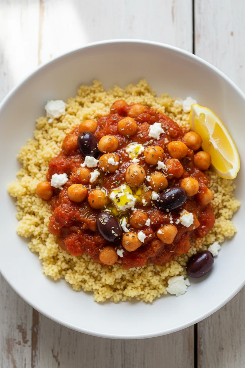 Overhead of garlicky tomato‑braised chickpeas over couscous, topped with crumbled feta, Kalamata olives, oregano, and a 