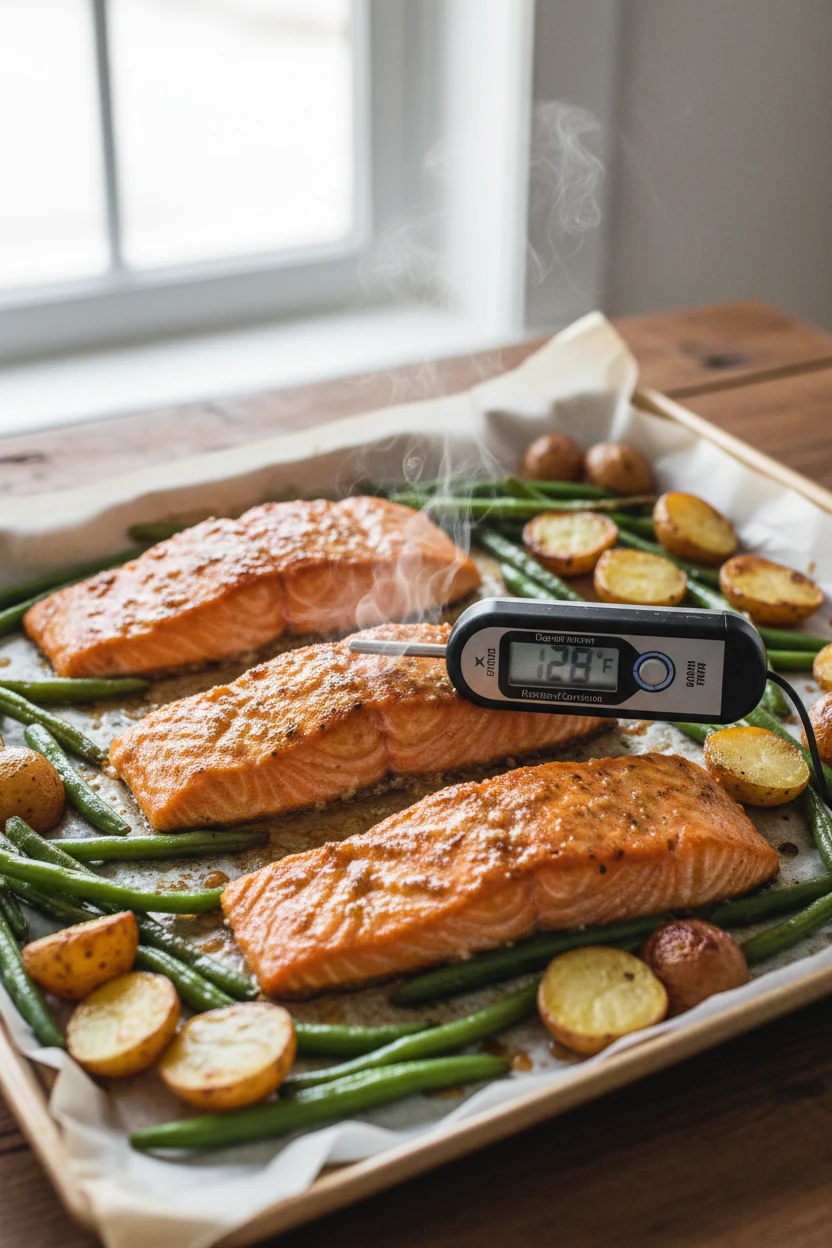 Just-baked salmon resting 3 minutes on a parchment-lined sheet pan: fillets sizzling with bubbly glaze, instant-read the