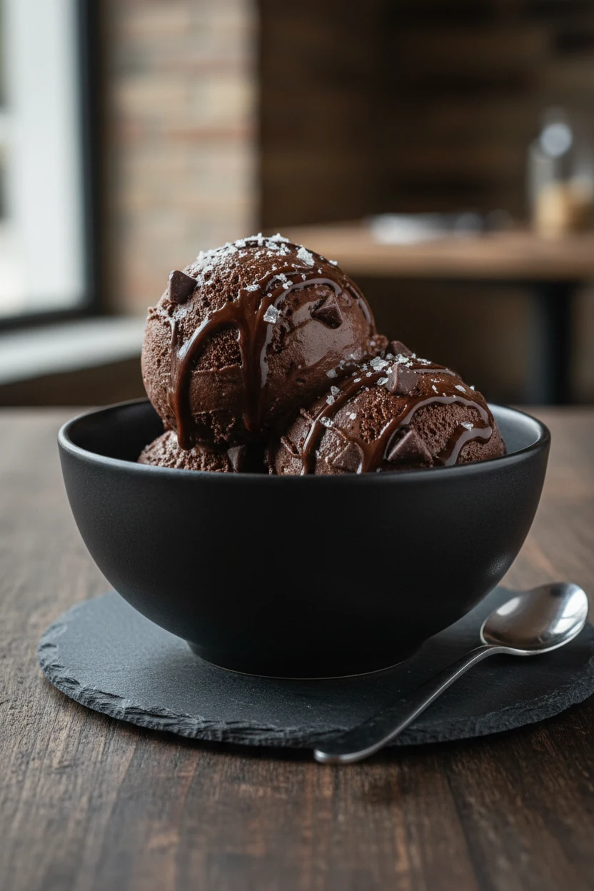 Final presentation, three-quarter angle: two scoops of Chocolate variation in a chilled matte-black bowl, dark cocoa bas