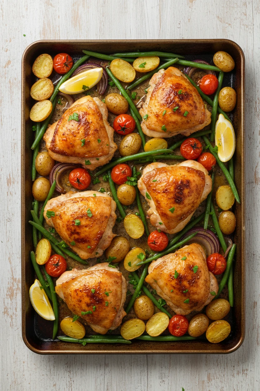 Top-down final sheet pan: six deep-golden thighs surrounded by crispy baby potatoes, vibrant green beans, burst cherry t