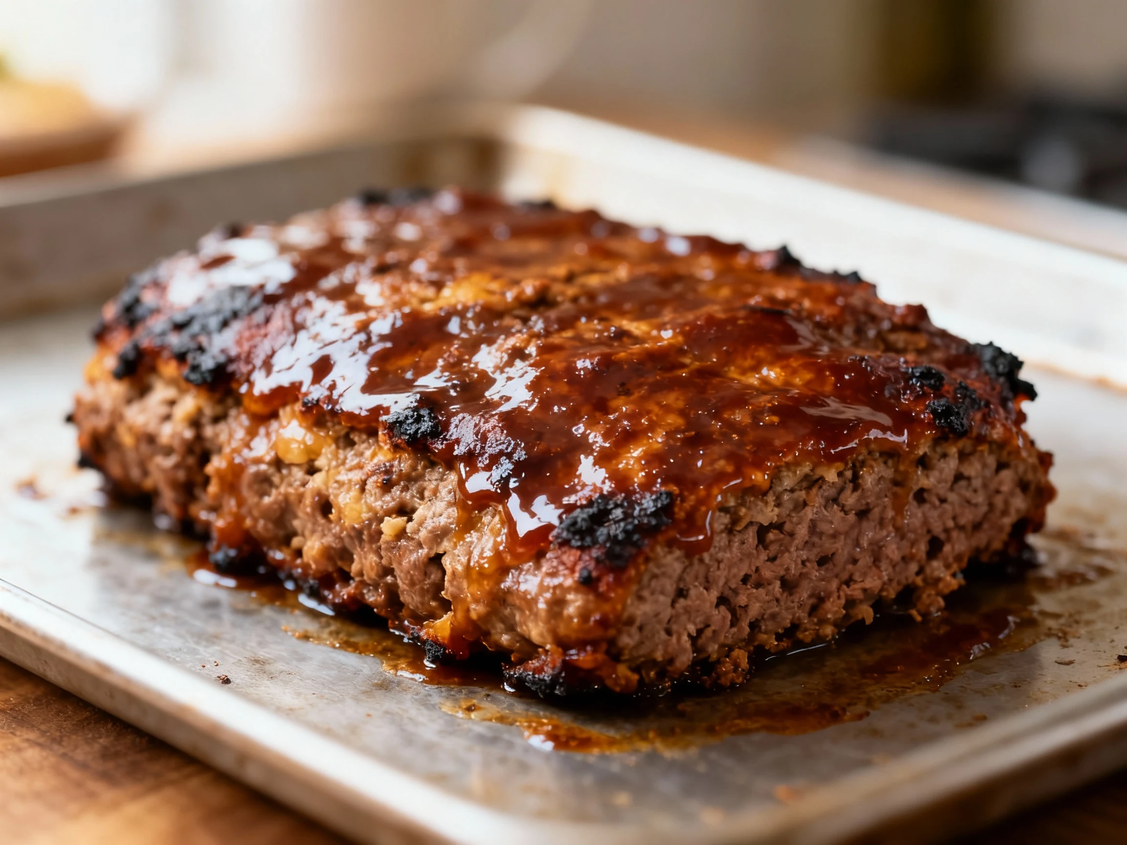 Food photography, Close-up of freshly baked freeform meatloaf on a sheet pan, glistening with a caramelized classic tang