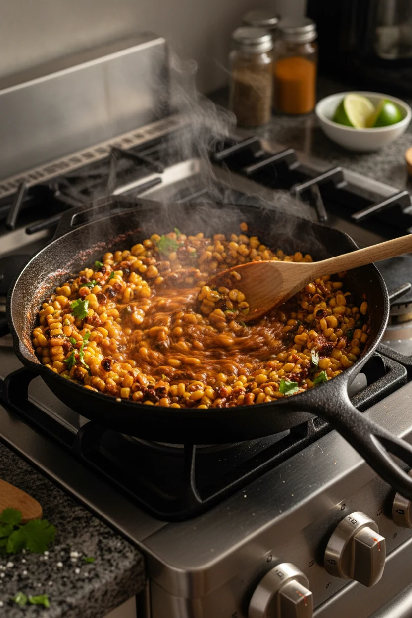 Cooking process: smoky chipotle corn dip in action—fire-roasted corn kernels sizzling in a cast-iron skillet, chipotle-i