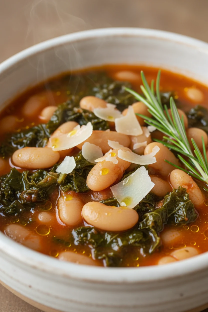 Close-up detail: Tuscan White Bean & Kale, creamy white beans glistening in tomato-herb broth, emerald kale just-wilted,
