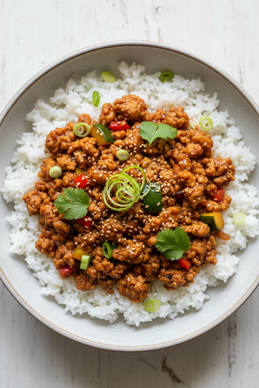Overhead shot of saucy ground turkey over fluffy rice in a shallow bowl: glistening savory-sweet glaze with ruby bell pe