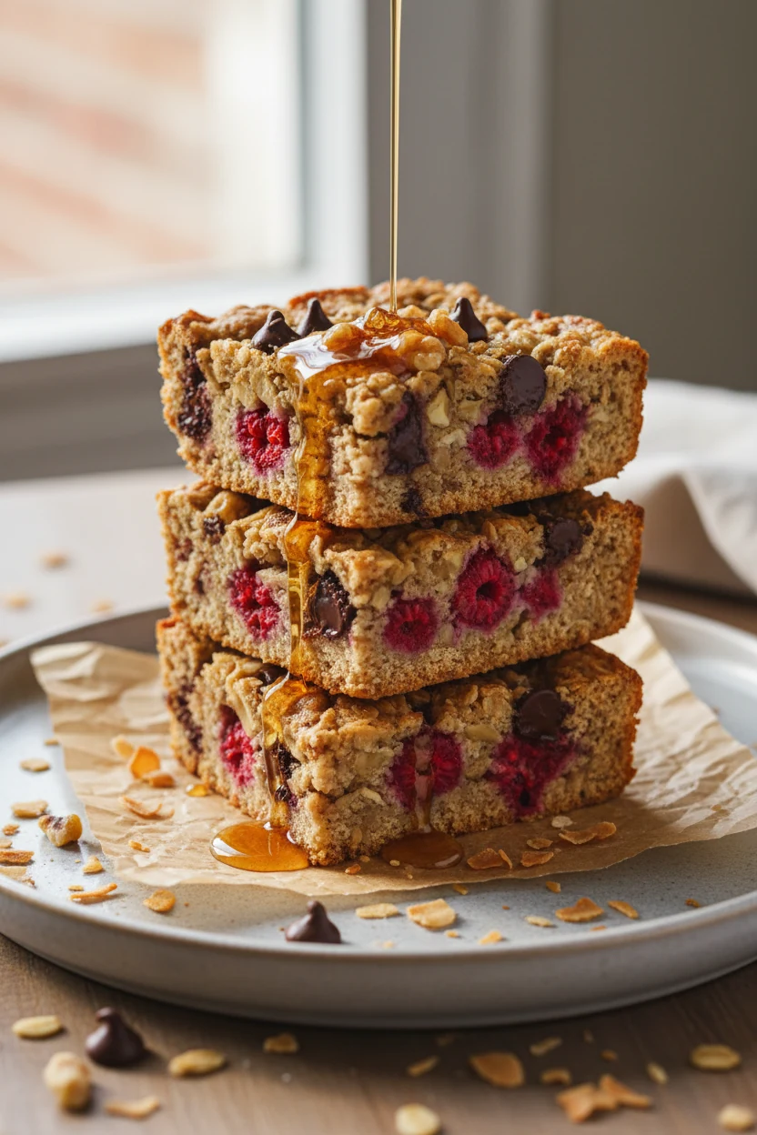 Final dish: baked oatmeal bars—golden squares studded with raspberries, walnuts, and dark chocolate chips—stacked on a m