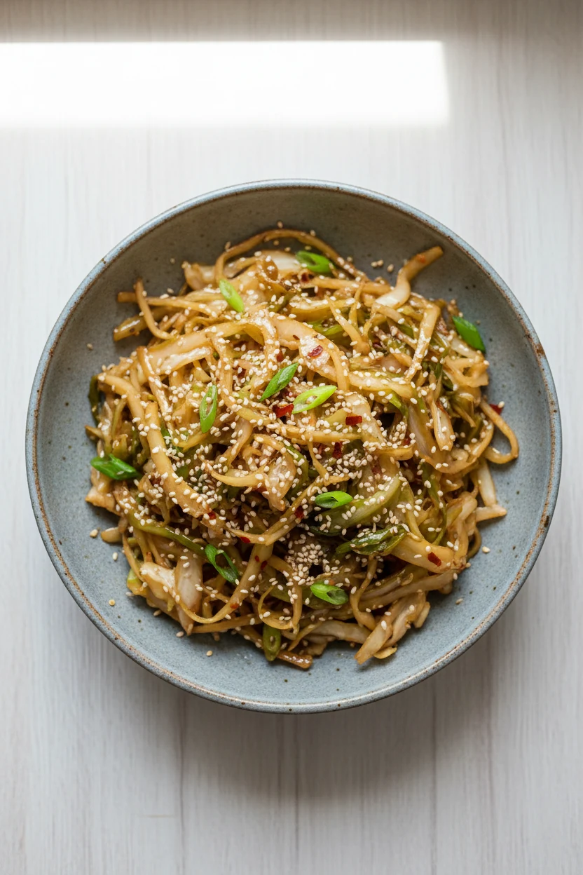 Top-down view of ginger–sesame cabbage stir-fry: glossy sautéed cabbage with soy–sesame sheen, toasted sesame seeds and