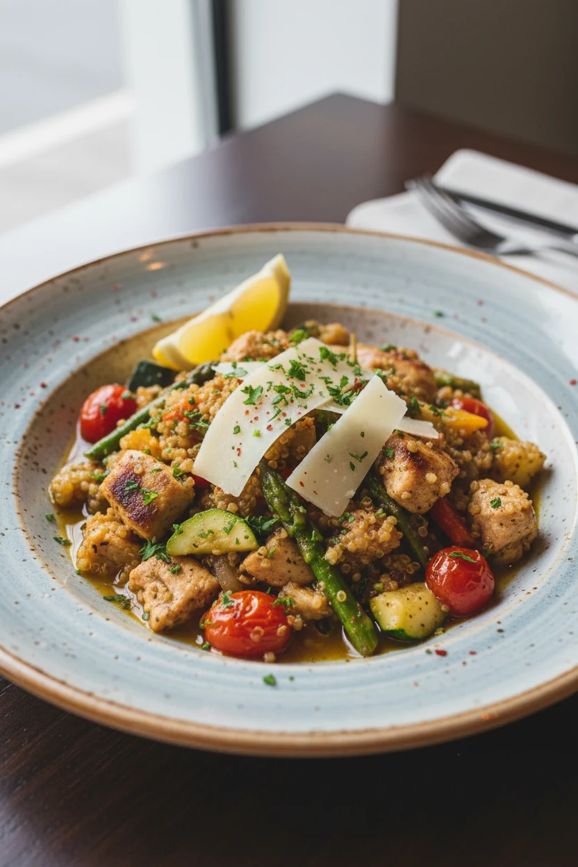 Final dish presentation: beautifully plated lemon-herb chicken and veggie quinoa in a wide ceramic bowl, stew-like with 