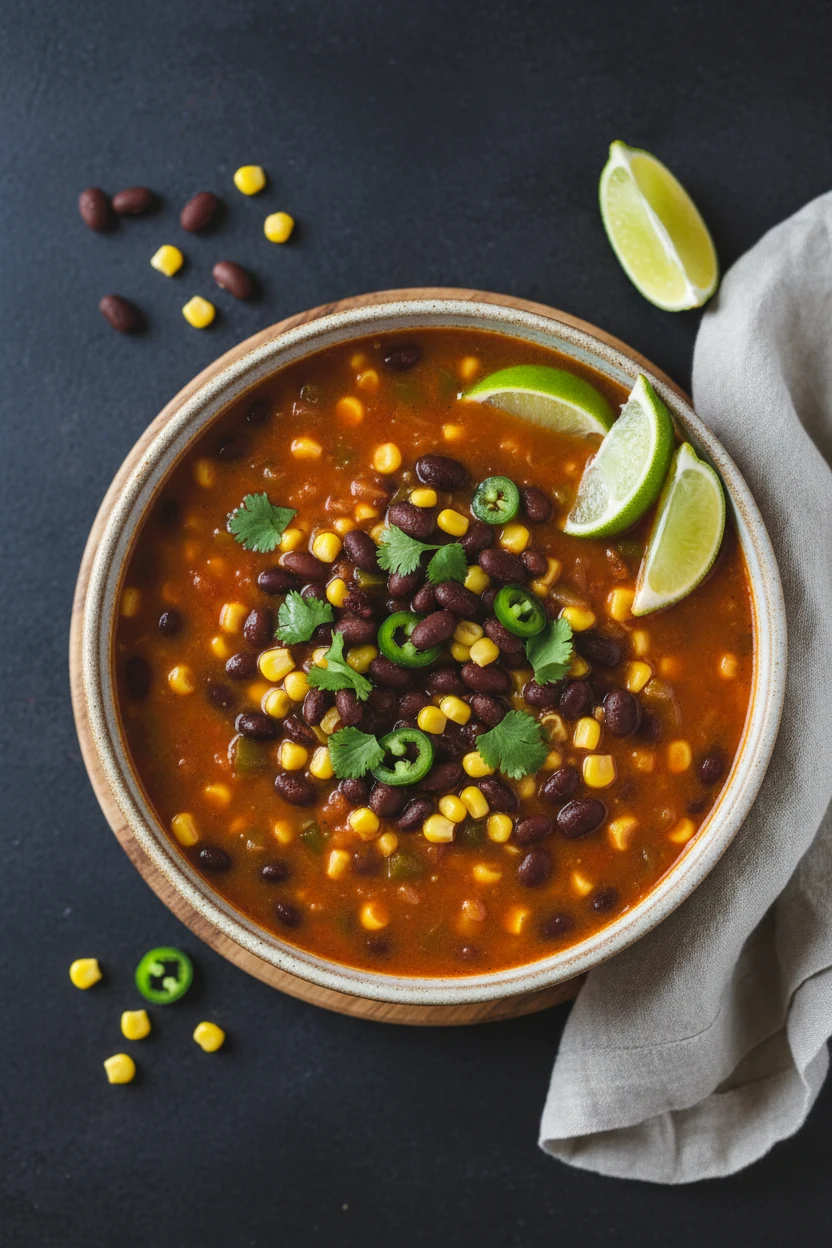 Overhead shot of Fiesta Black Bean & Corn soup: glossy black beans, bright yellow corn, diced green chiles in tomato-chi