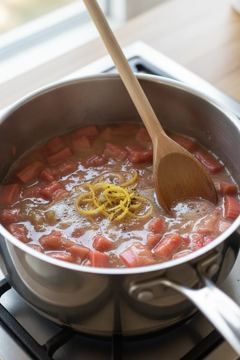 3. Cooking process shot of rhubarb compote: pink-red rhubarb chunks simmering in glossy syrup in a stainless saucepan wi
