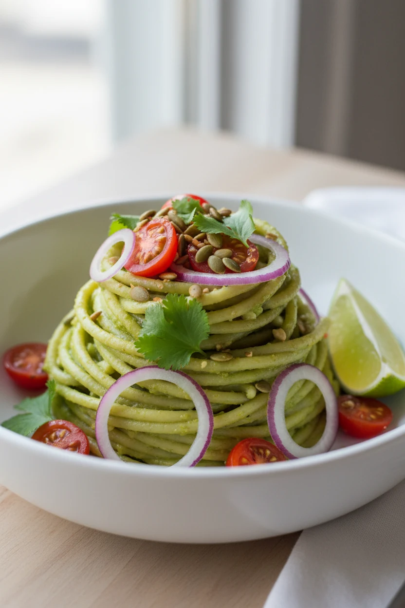 3. Beautifully plated twirl of avocado cilantro lime pasta in a matte white bowl, garnished with cherry tomato halves, s