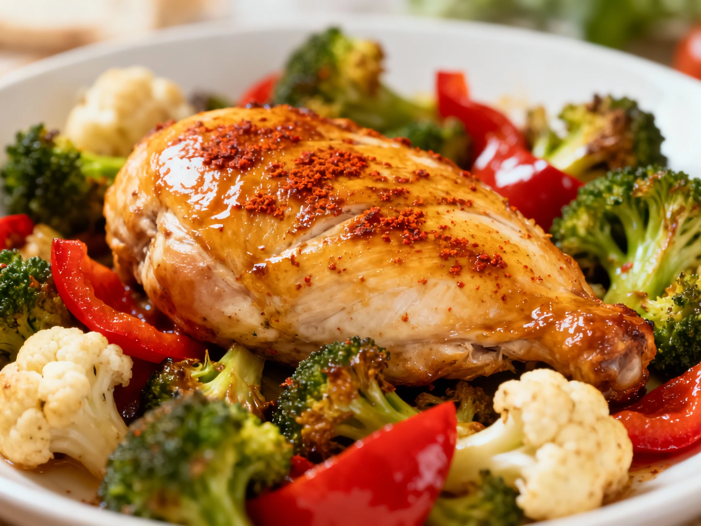 Food photography, Close-up of golden roasted chicken breast nestled among caramelized broccoli, cauliflower, and red bel
