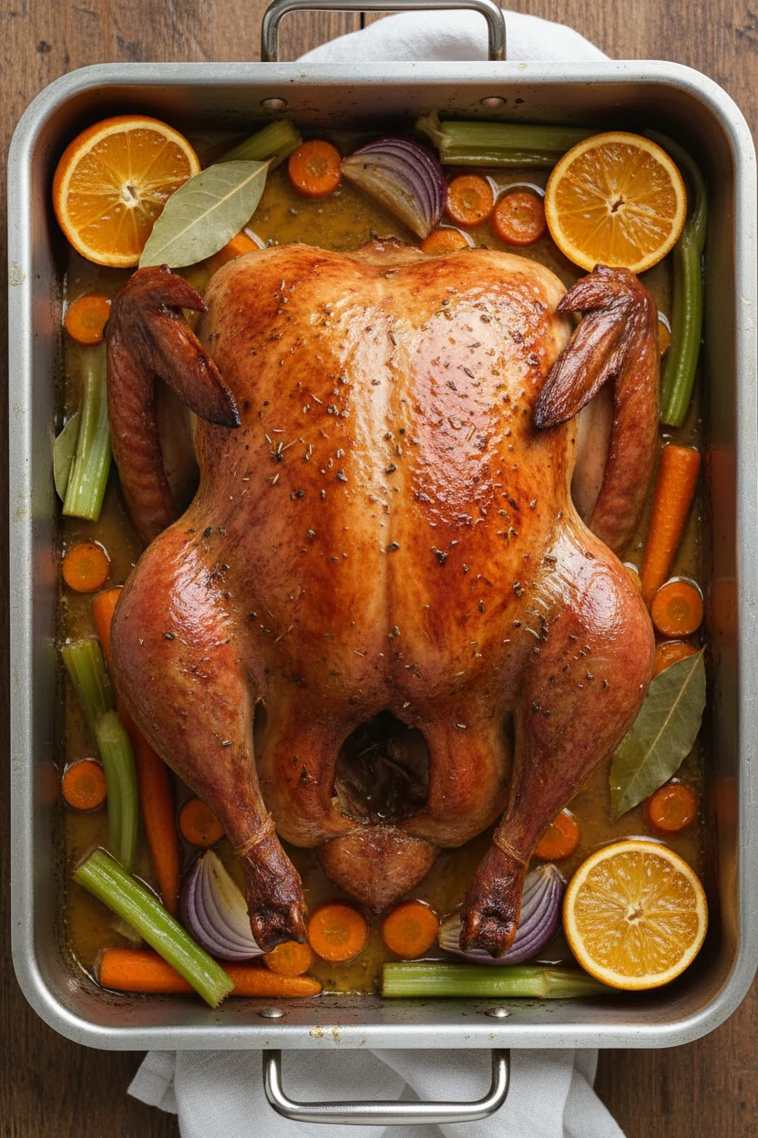 Overhead shot of spatchcocked turkey resting in its roasting pan, even mahogany browning with citrus halves, roasted oni