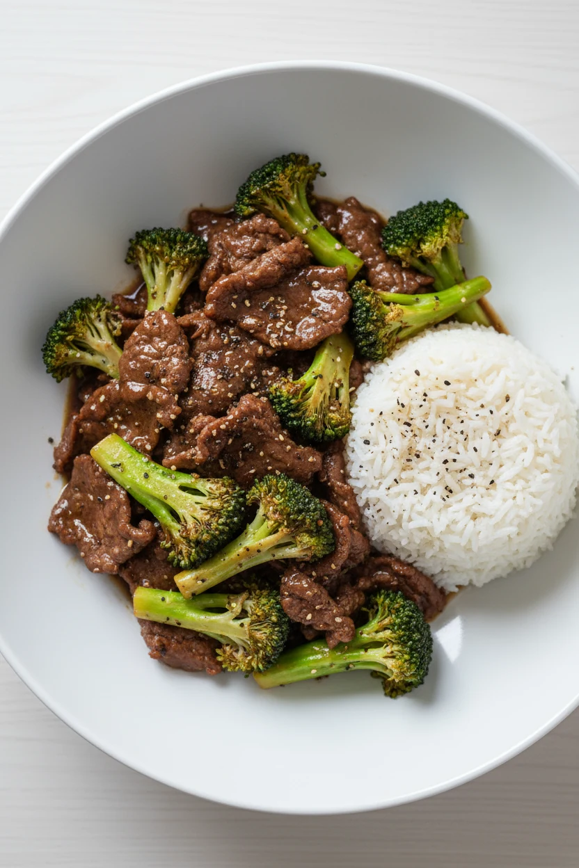 Overhead: Beef & Broccoli with steamed jasmine rice—velveted beef with charred edges, vivid green blanched broccoli, dar