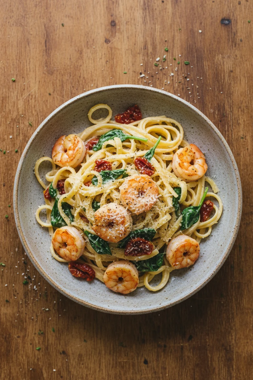 Top-down view of Creamy Tuscan shrimp pasta: fettuccine coated in glossy cream sauce with wilted spinach and chopped sun