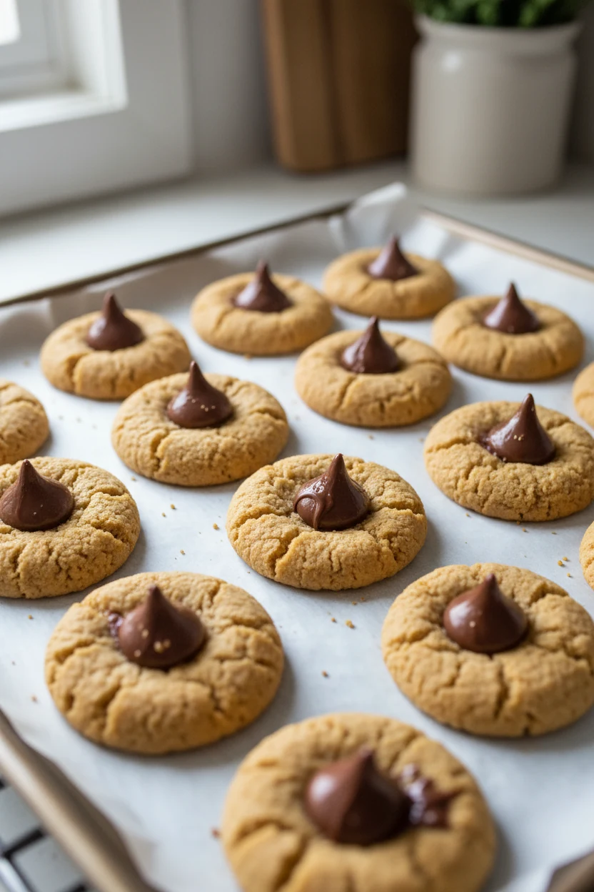 3. Cooking process: peanut butter blossoms fresh from the oven on a parchment-lined sheet pan, warm cookies with glossy 