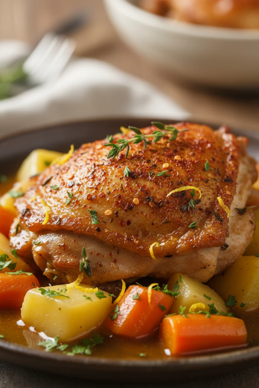 Macro close-up of a single braised chicken thigh with crackly golden skin flecked with smoked paprika and thyme, glisten