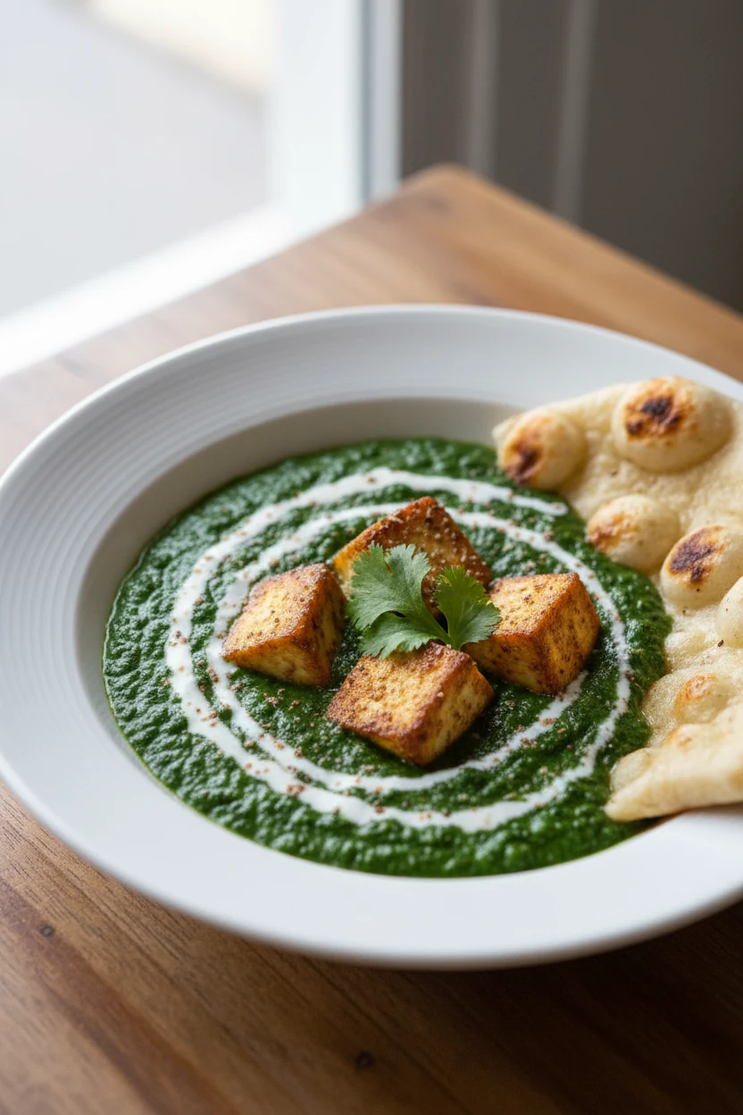 Final dish: Palak Paneer beautifully plated—vibrant spinach puree cradling tender paneer cubes, cream drizzle, pinch of 