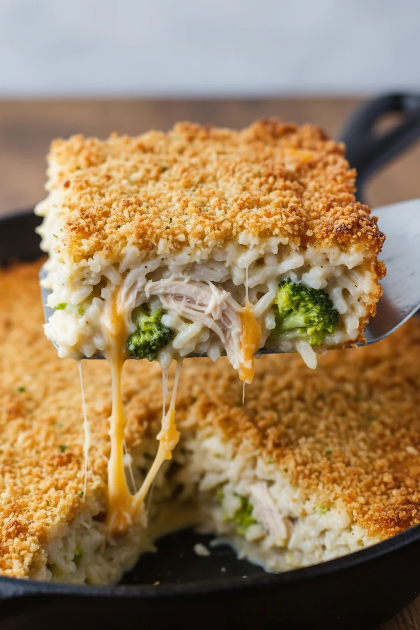 Macro slice lift from the pan: a neat square of casserole on a spatula with crunchy panko crumbs, gooey cheddar pull, vi