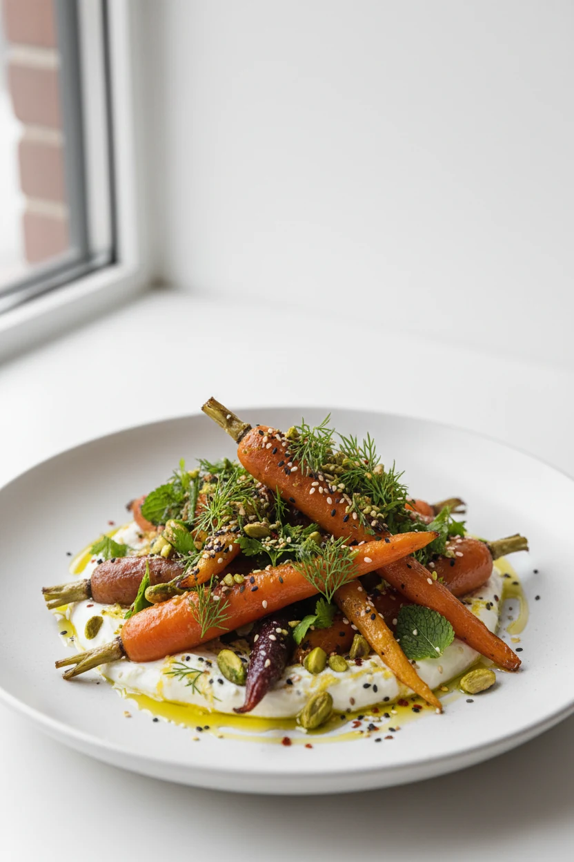 Three-quarter angle of beautifully plated roasted carrots over lemon-zest Greek yogurt on a matte white platter, showere