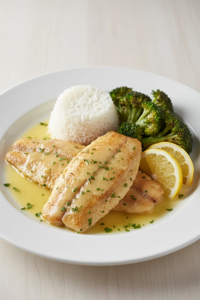 Restaurant-style plate: two tilapia fillets coated in lemon-butter sauce on a white rimmed plate, sprinkled parsley, lem