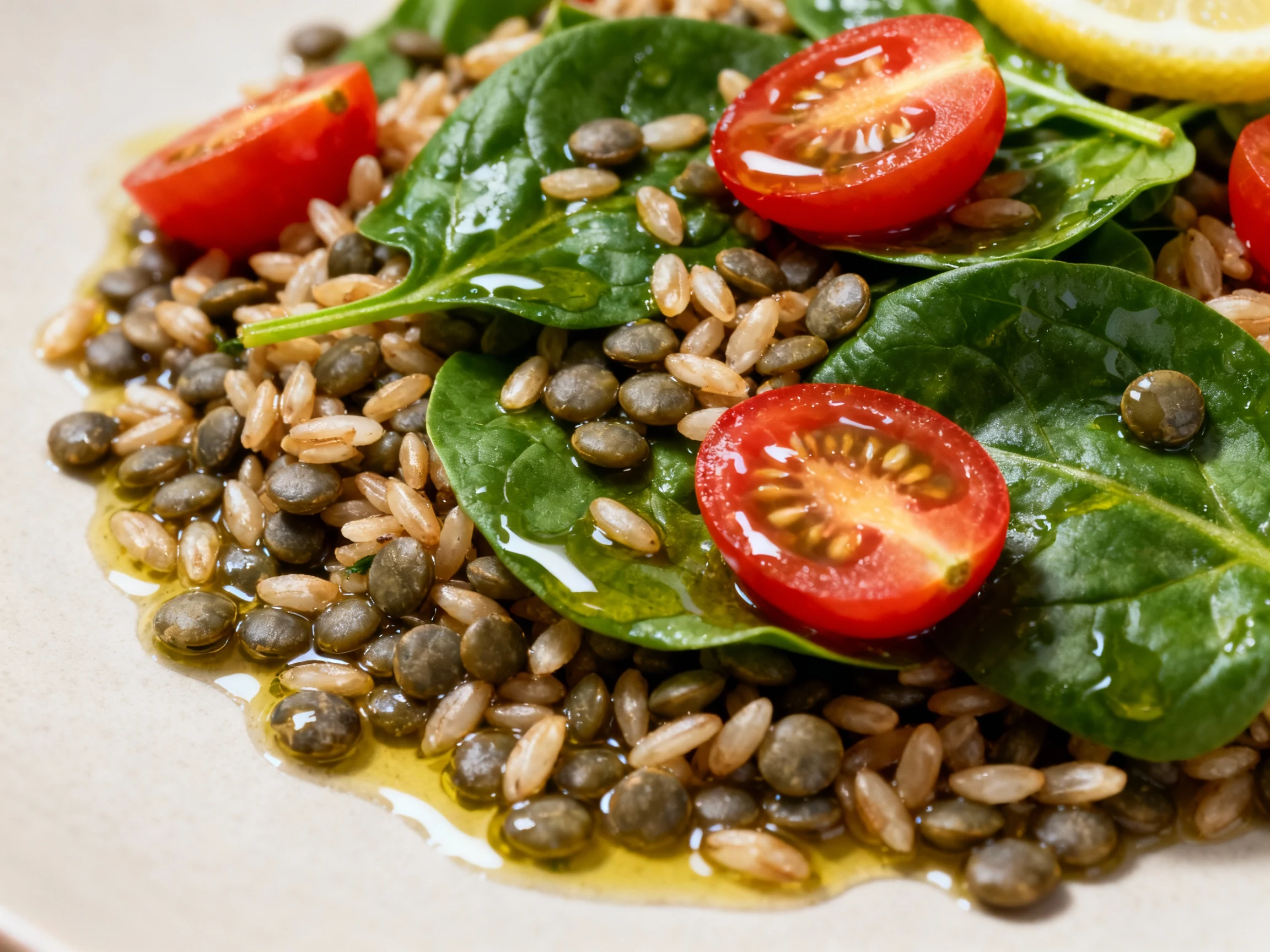 Food photography, Close-up of tender cooked lentils and farro tossed with vibrant spinach leaves and halved cherry tomat