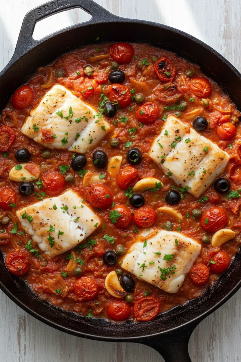 3. Overhead shot of tomato–olive Mediterranean cod bake: cod nestled in glossy cherry tomato sauce with olives, capers, 